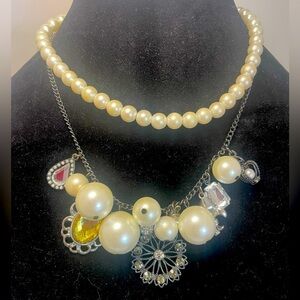 Double Strand Faux Pearl Choker with and Black Chain Charm Necklace